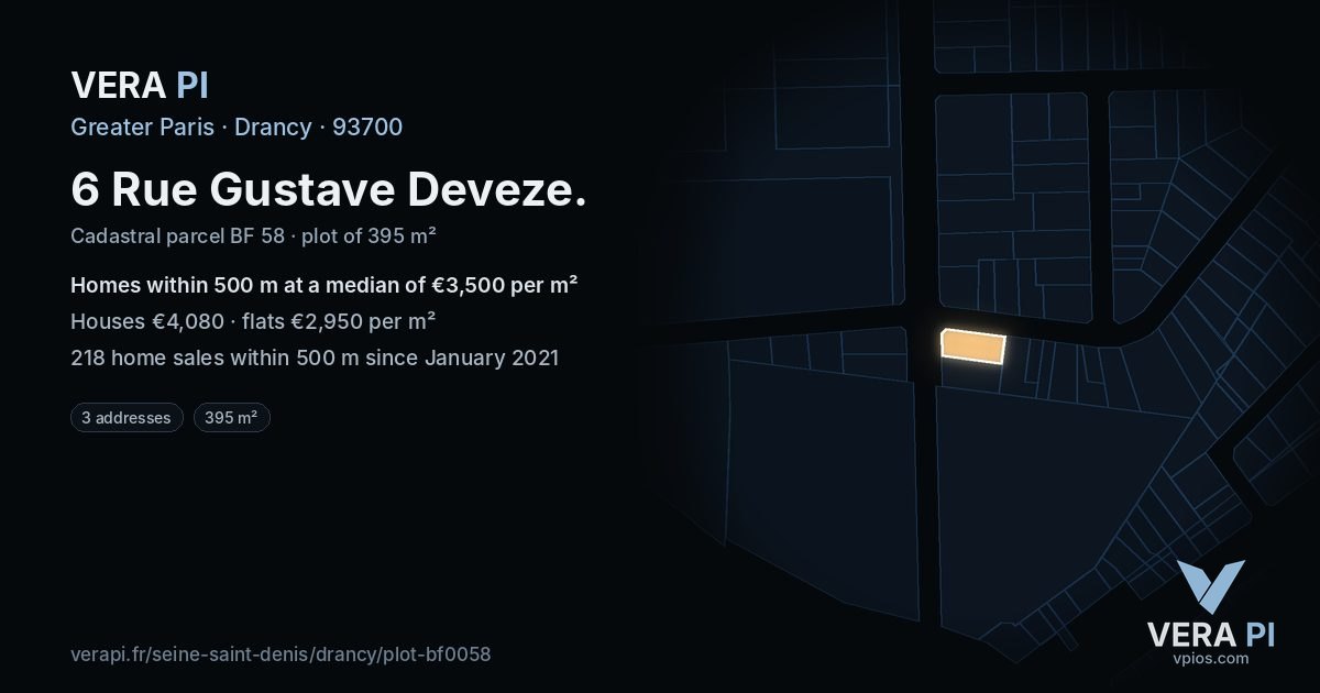6 Rue Gustave Deveze, Drancy at night – the plot lit, the parcels around coloured by the prices near them