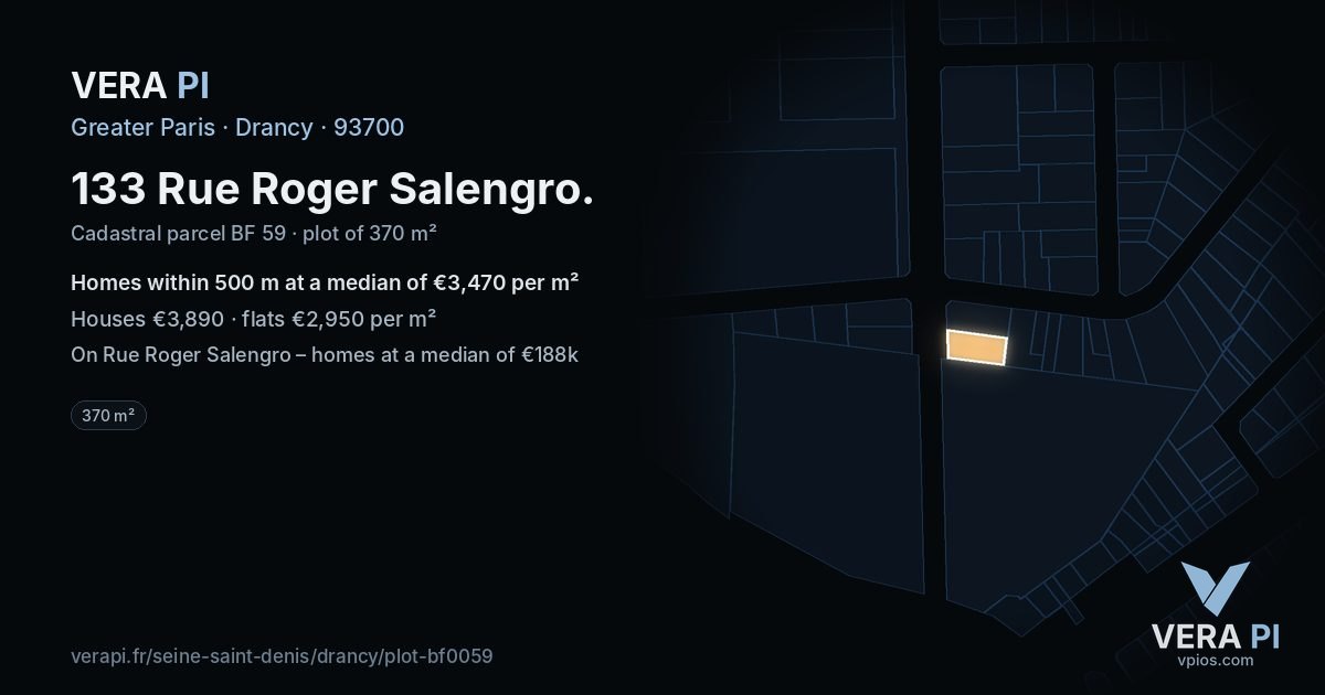 133 Rue Roger Salengro, Drancy at night – the plot lit, the parcels around coloured by the prices near them