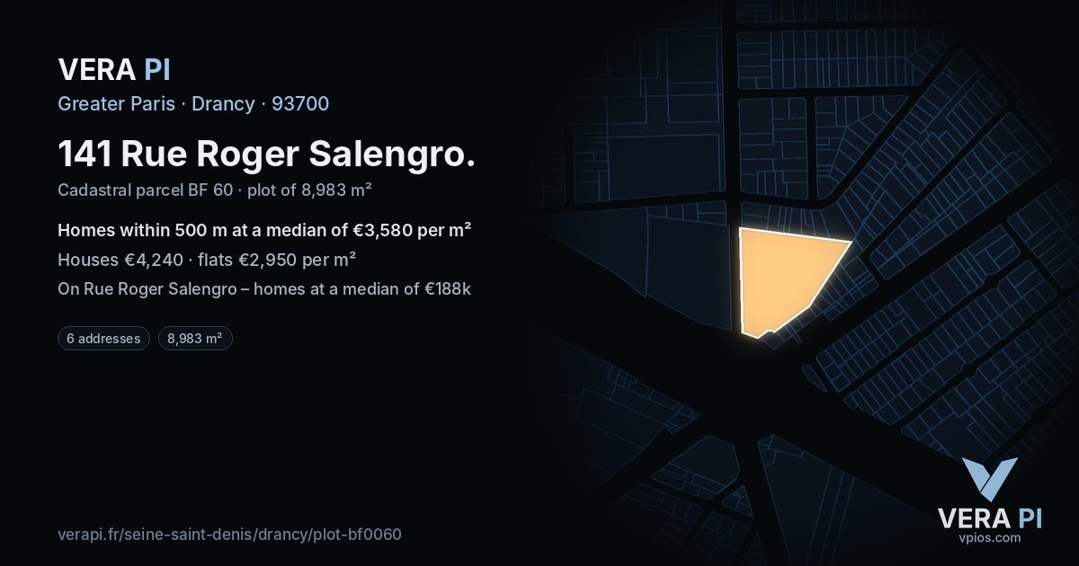 141 Rue Roger Salengro, Drancy at night – the plot lit, the parcels around coloured by the prices near them