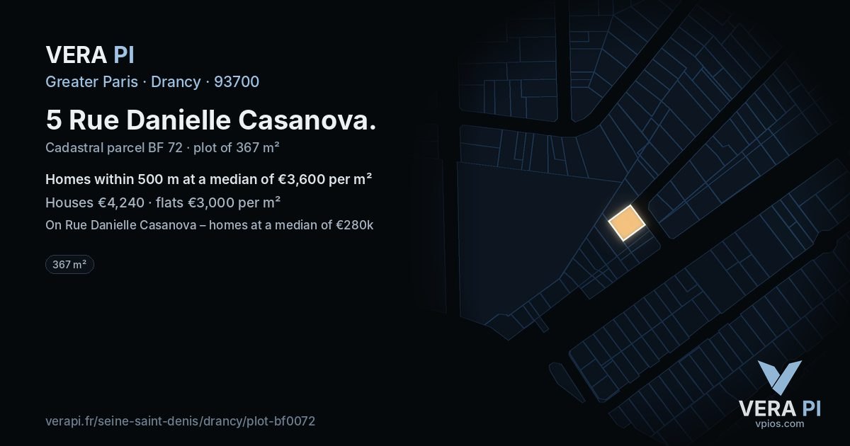 5 Rue Danielle Casanova, Drancy at night – the plot lit, the parcels around coloured by the prices near them