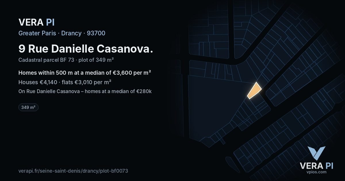 9 Rue Danielle Casanova, Drancy at night – the plot lit, the parcels around coloured by the prices near them