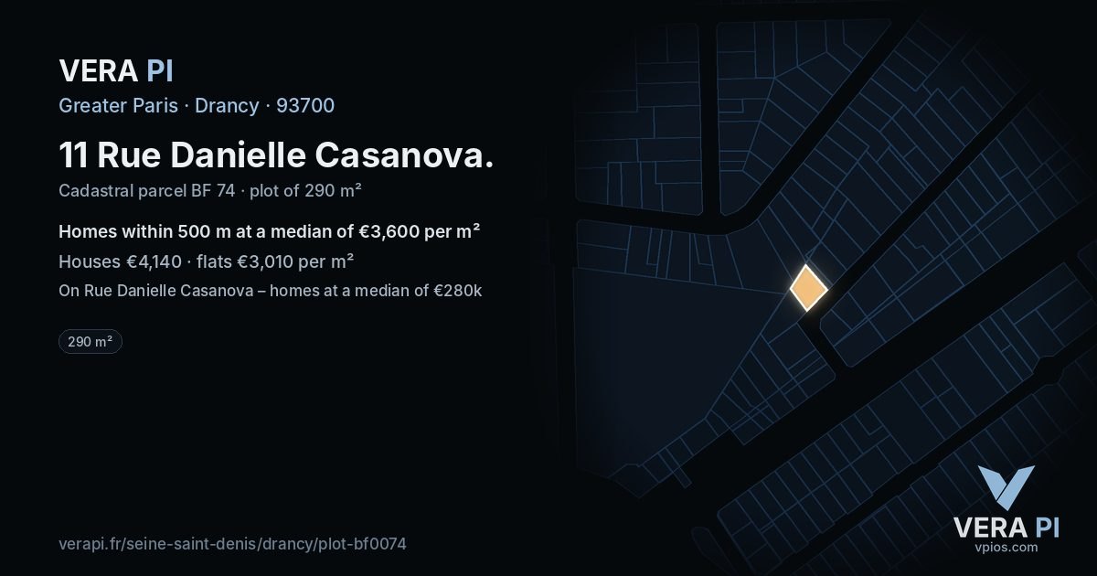 11 Rue Danielle Casanova, Drancy at night – the plot lit, the parcels around coloured by the prices near them