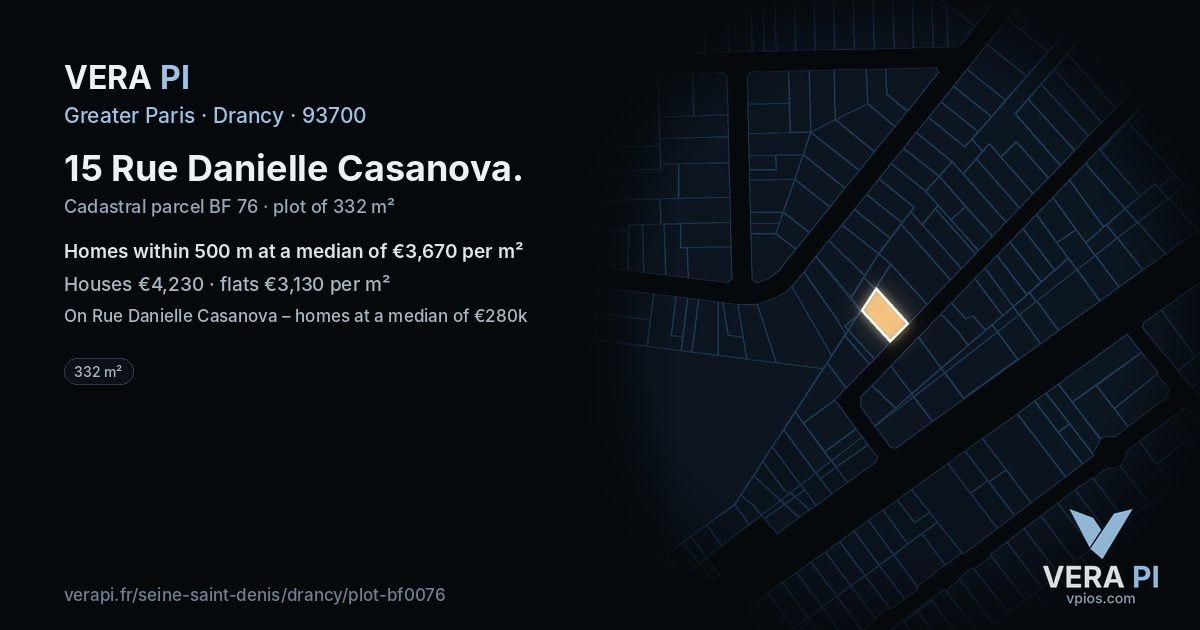 15 Rue Danielle Casanova, Drancy at night – the plot lit, the parcels around coloured by the prices near them