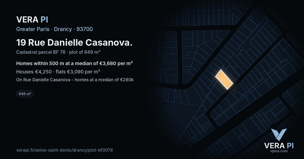 19 Rue Danielle Casanova, Drancy at night – the plot lit, the parcels around coloured by the prices near them
