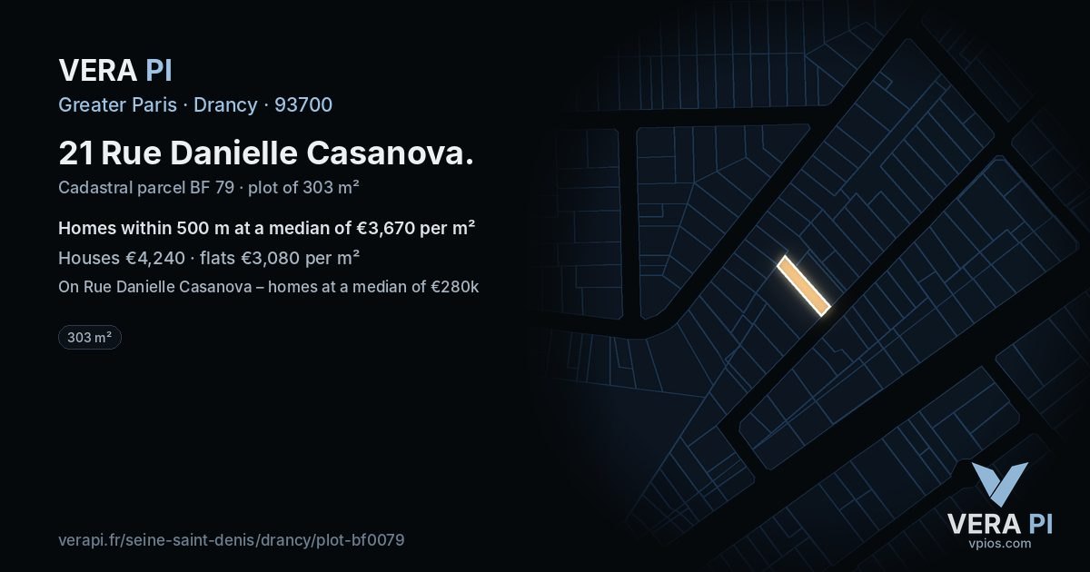 21 Rue Danielle Casanova, Drancy at night – the plot lit, the parcels around coloured by the prices near them