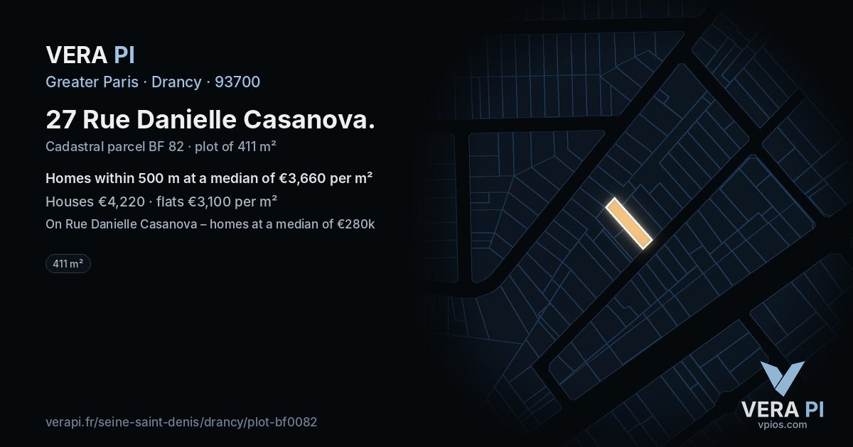 27 Rue Danielle Casanova, Drancy at night – the plot lit, the parcels around coloured by the prices near them