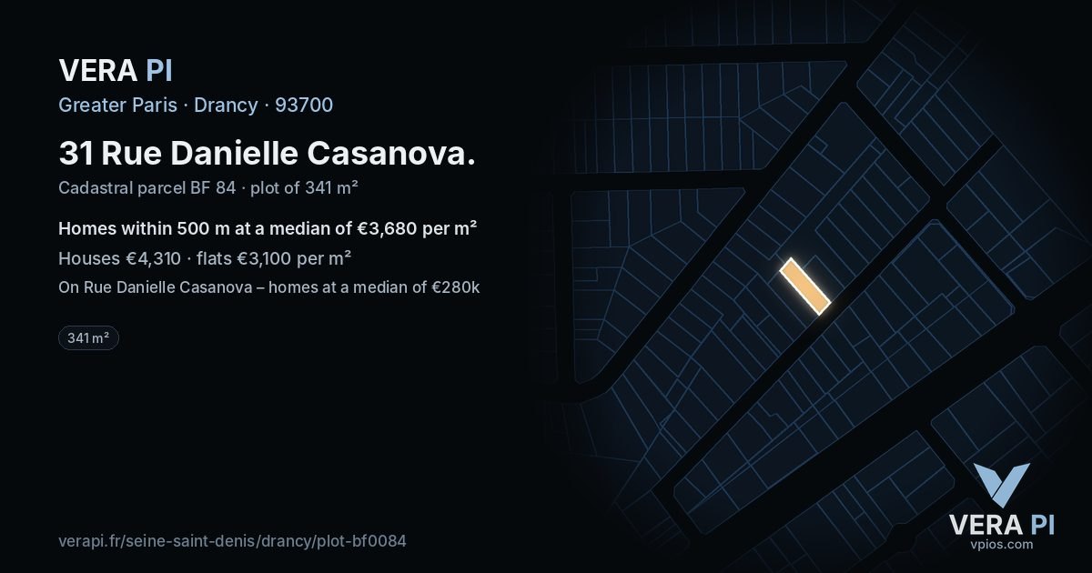 31 Rue Danielle Casanova, Drancy at night – the plot lit, the parcels around coloured by the prices near them