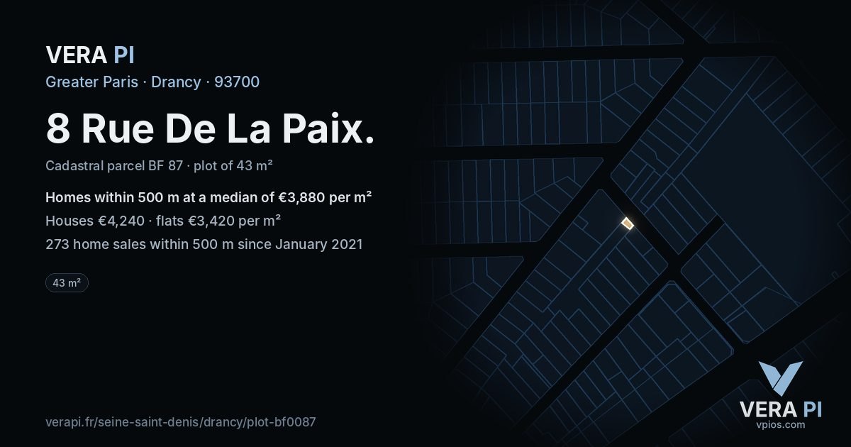 8 Rue De La Paix, Drancy at night – the plot lit, the parcels around coloured by the prices near them