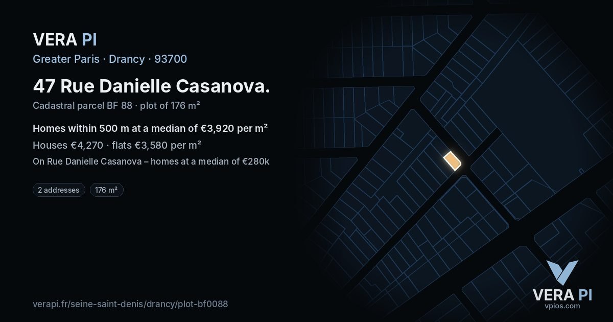 47 Rue Danielle Casanova, Drancy at night – the plot lit, the parcels around coloured by the prices near them