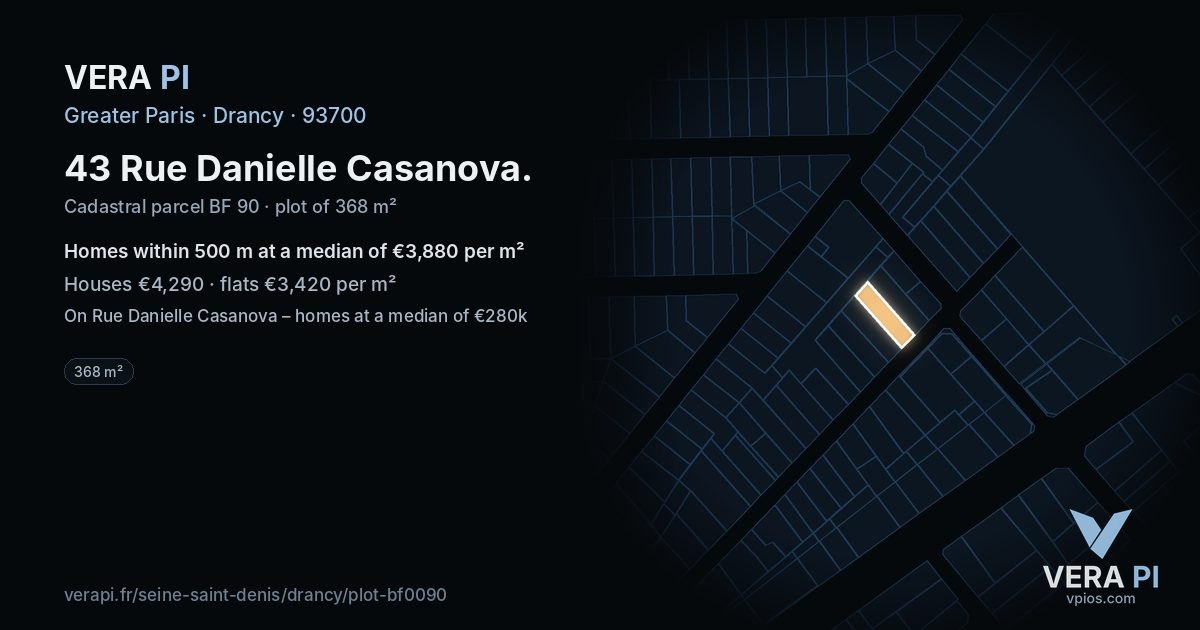 43 Rue Danielle Casanova, Drancy at night – the plot lit, the parcels around coloured by the prices near them