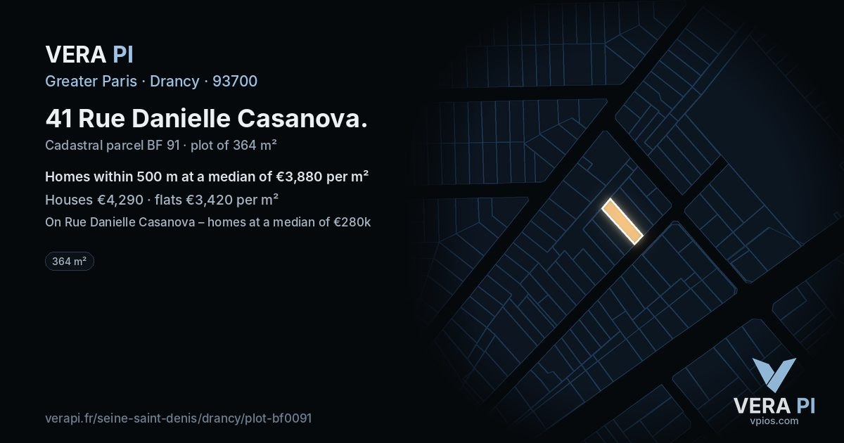 41 Rue Danielle Casanova, Drancy at night – the plot lit, the parcels around coloured by the prices near them