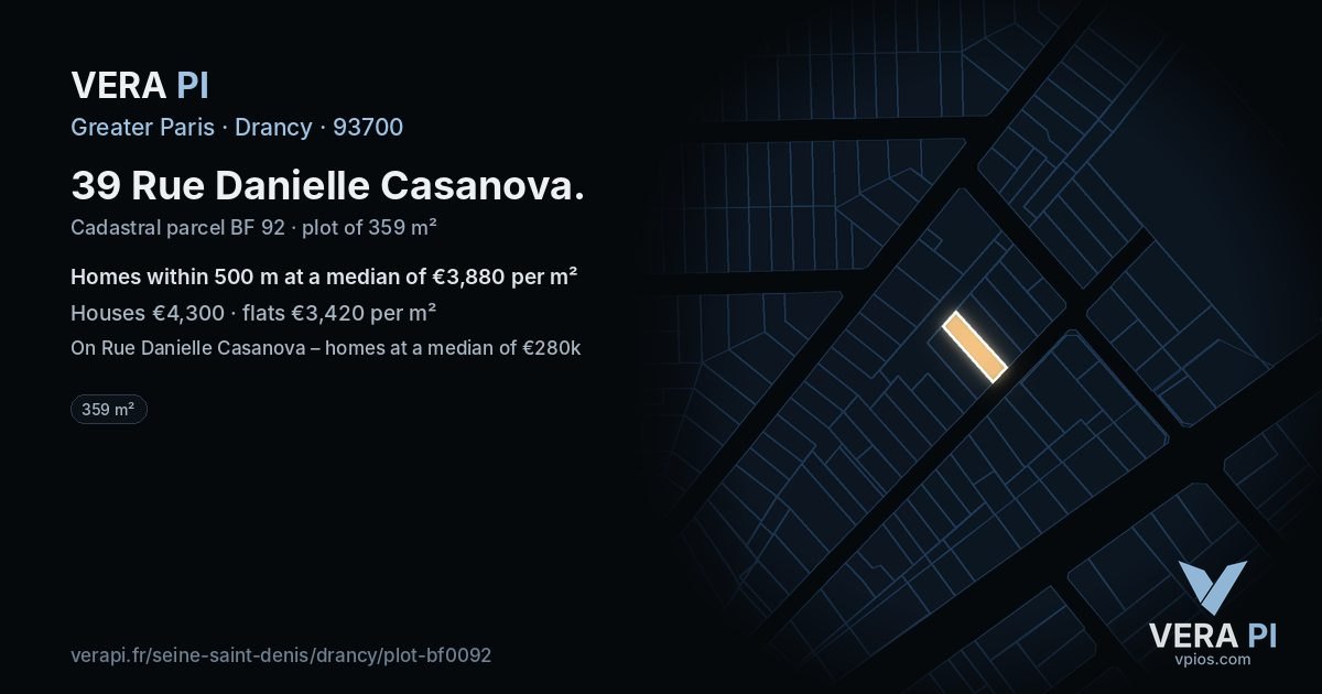 39 Rue Danielle Casanova, Drancy at night – the plot lit, the parcels around coloured by the prices near them