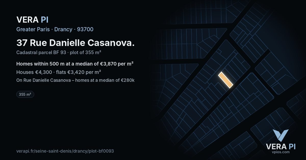 37 Rue Danielle Casanova, Drancy at night – the plot lit, the parcels around coloured by the prices near them