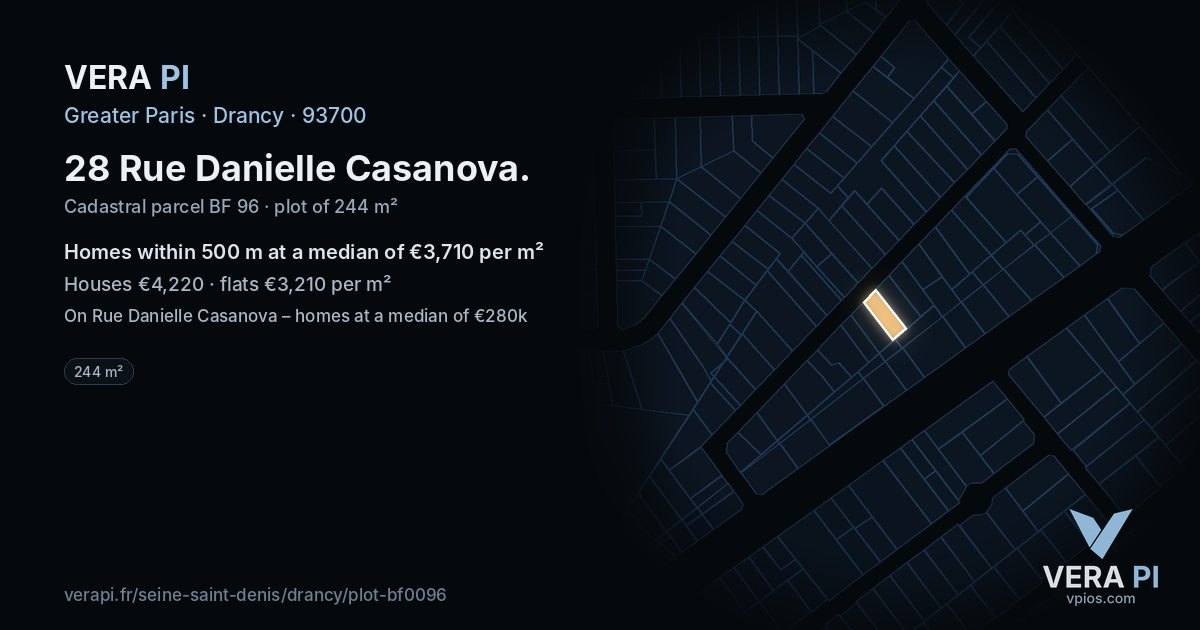 28 Rue Danielle Casanova, Drancy at night – the plot lit, the parcels around coloured by the prices near them