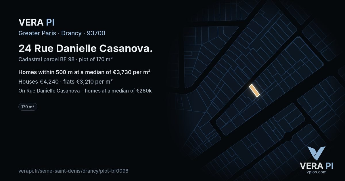 24 Rue Danielle Casanova, Drancy at night – the plot lit, the parcels around coloured by the prices near them