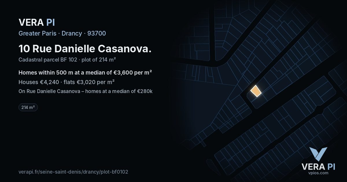 10 Rue Danielle Casanova, Drancy at night – the plot lit, the parcels around coloured by the prices near them