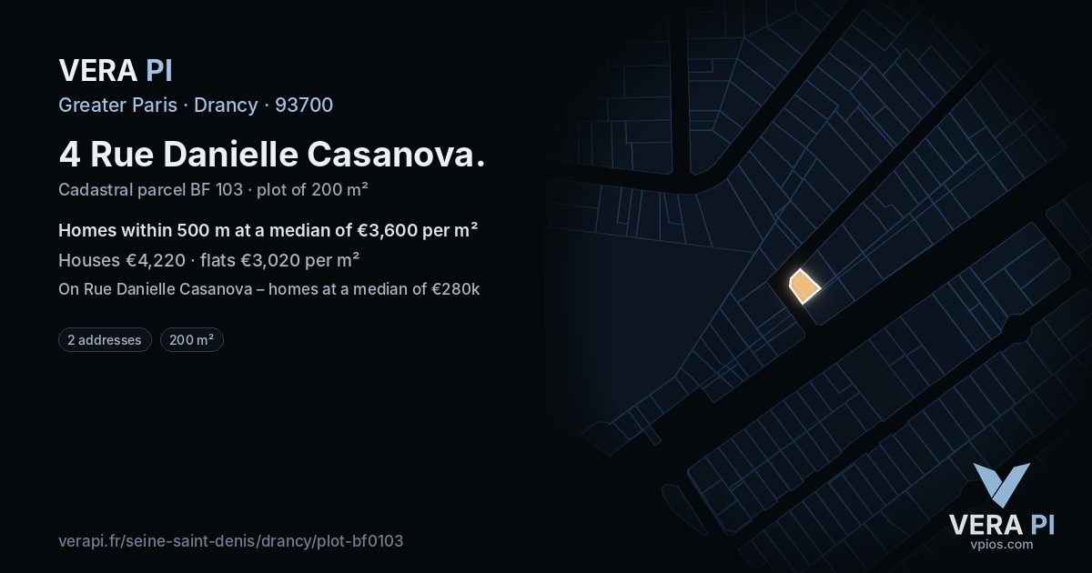 4 Rue Danielle Casanova, Drancy at night – the plot lit, the parcels around coloured by the prices near them