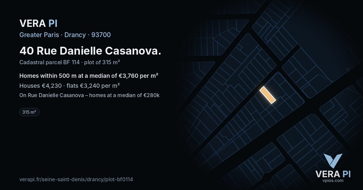 40 Rue Danielle Casanova, Drancy at night – the plot lit, the parcels around coloured by the prices near them
