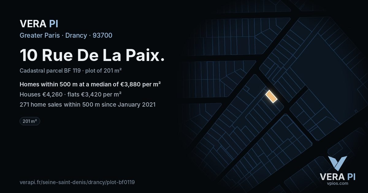 10 Rue De La Paix, Drancy at night – the plot lit, the parcels around coloured by the prices near them