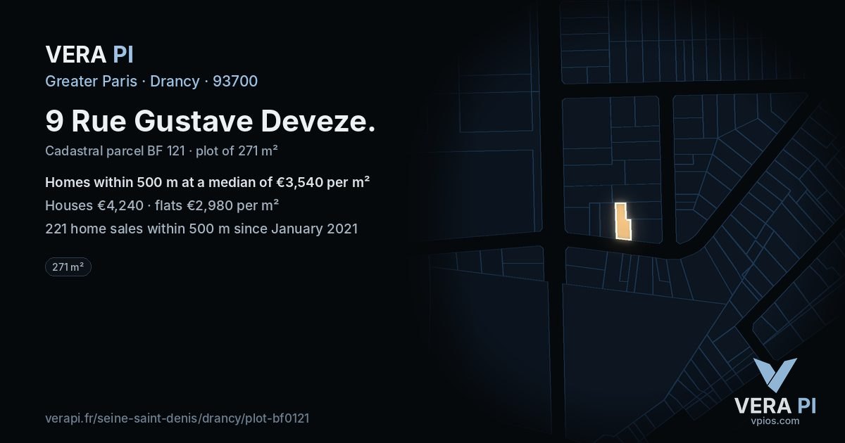 9 Rue Gustave Deveze, Drancy at night – the plot lit, the parcels around coloured by the prices near them