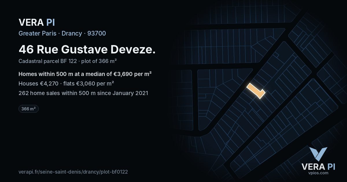46 Rue Gustave Deveze, Drancy at night – the plot lit, the parcels around coloured by the prices near them