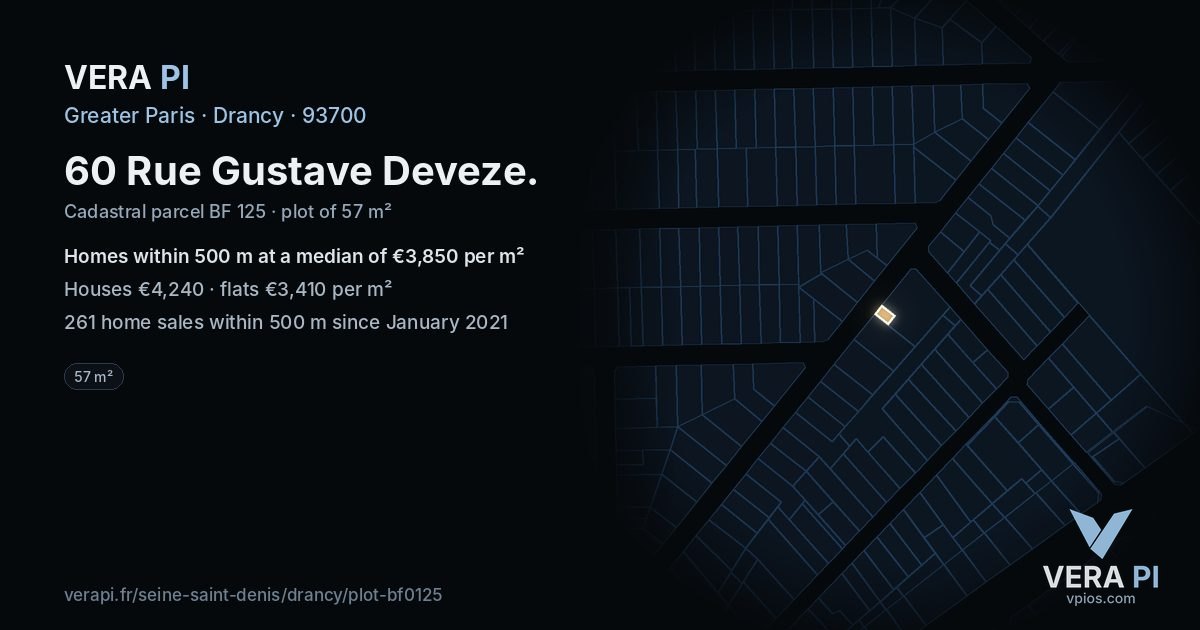60 Rue Gustave Deveze, Drancy at night – the plot lit, the parcels around coloured by the prices near them