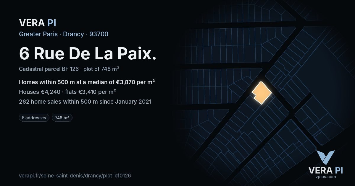 6 Rue De La Paix, Drancy at night – the plot lit, the parcels around coloured by the prices near them