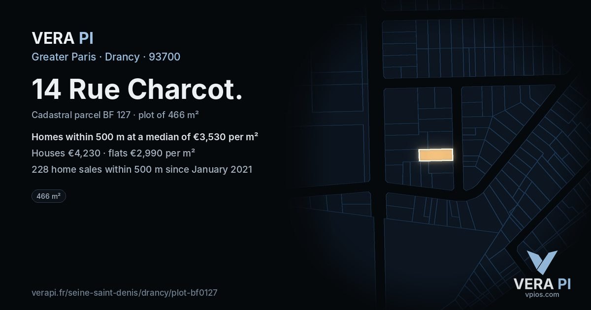 14 Rue Charcot, Drancy at night – the plot lit, the parcels around coloured by the prices near them