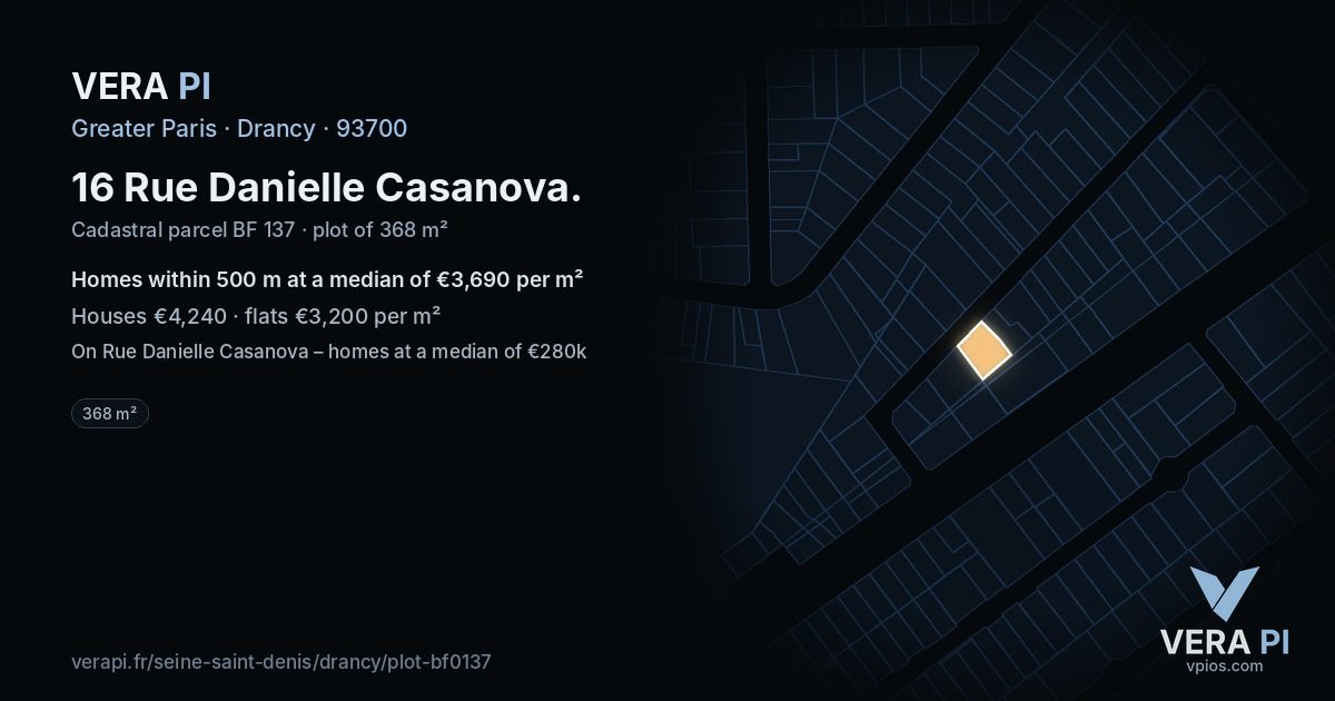 16 Rue Danielle Casanova, Drancy at night – the plot lit, the parcels around coloured by the prices near them