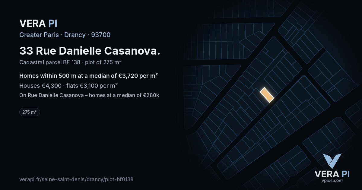 33 Rue Danielle Casanova, Drancy at night – the plot lit, the parcels around coloured by the prices near them