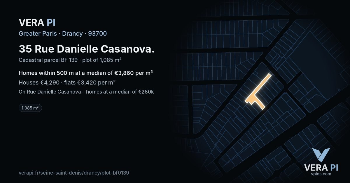 35 Rue Danielle Casanova, Drancy at night – the plot lit, the parcels around coloured by the prices near them
