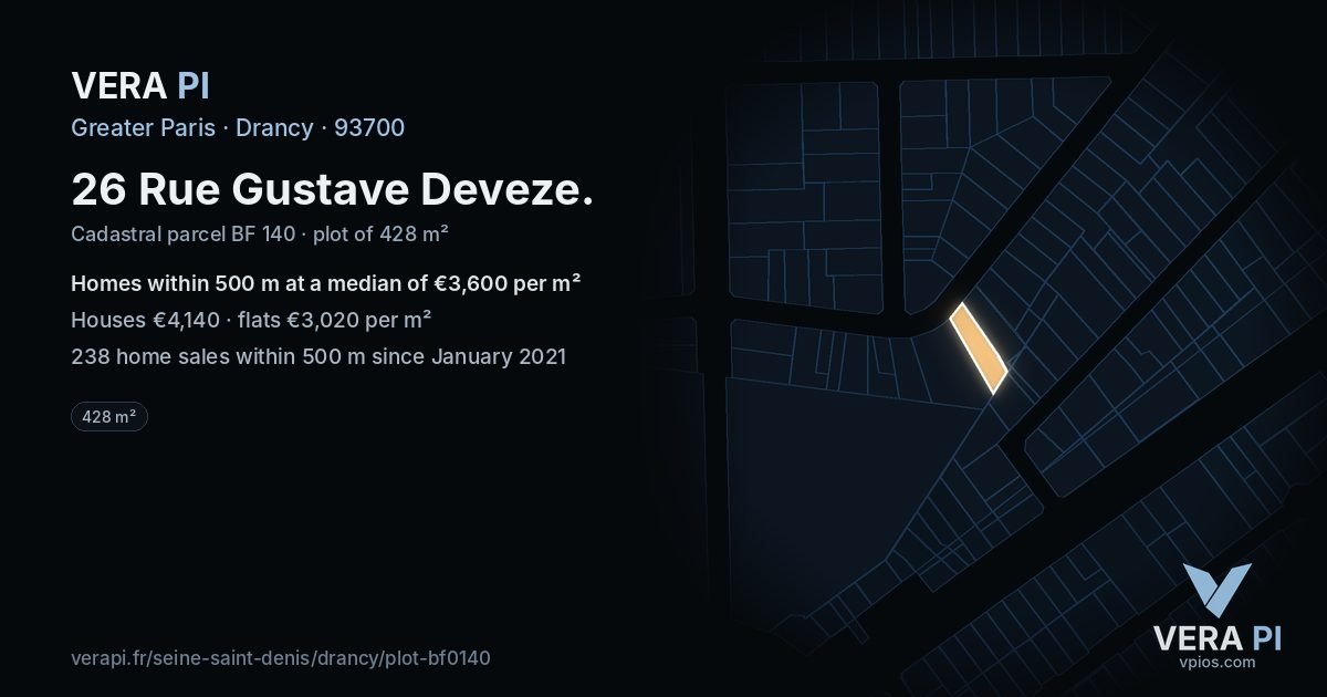 26 Rue Gustave Deveze, Drancy at night – the plot lit, the parcels around coloured by the prices near them