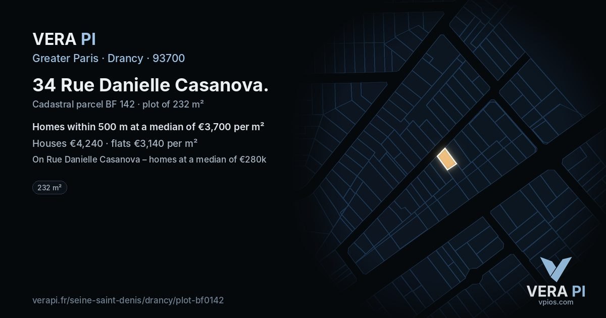 34 Rue Danielle Casanova, Drancy at night – the plot lit, the parcels around coloured by the prices near them
