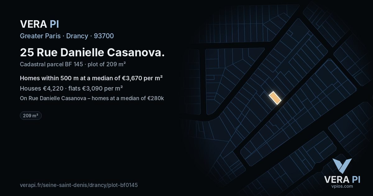 25 Rue Danielle Casanova, Drancy at night – the plot lit, the parcels around coloured by the prices near them