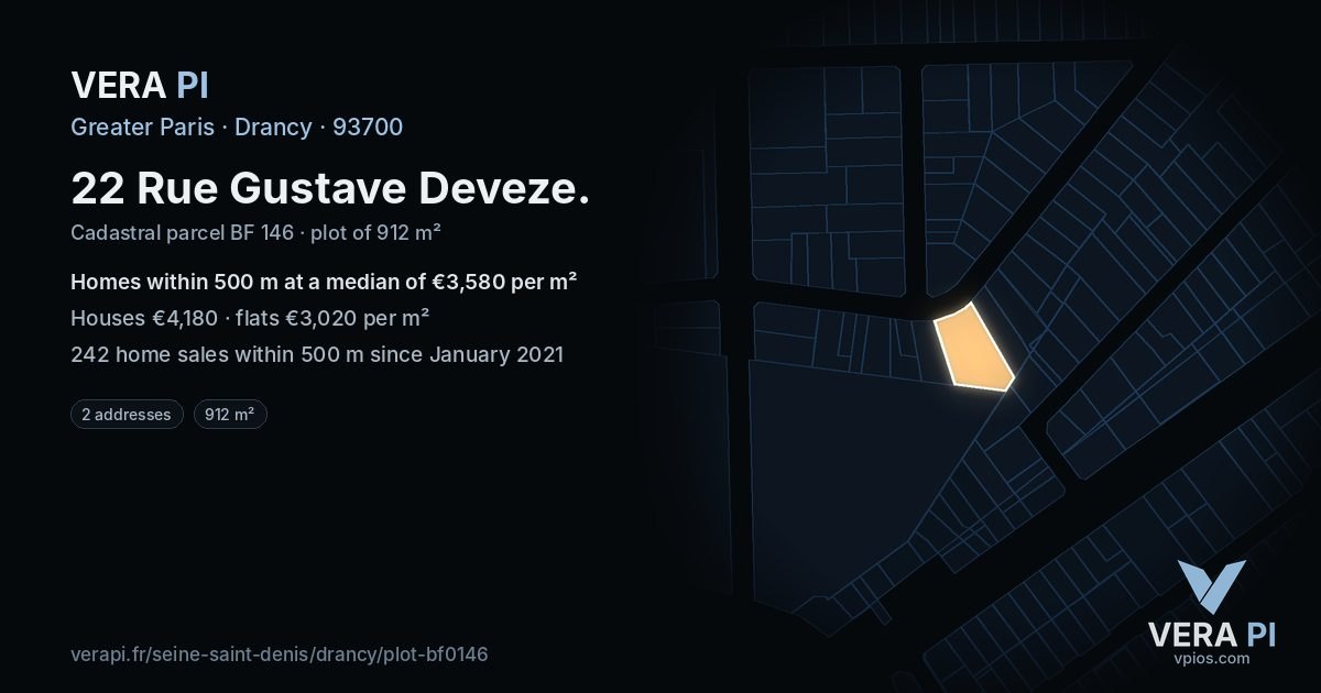 22 Rue Gustave Deveze, Drancy at night – the plot lit, the parcels around coloured by the prices near them