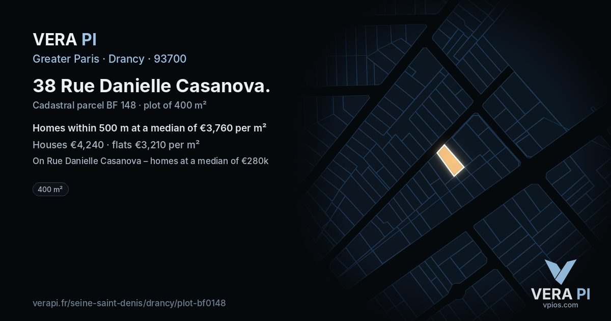 38 Rue Danielle Casanova, Drancy at night – the plot lit, the parcels around coloured by the prices near them
