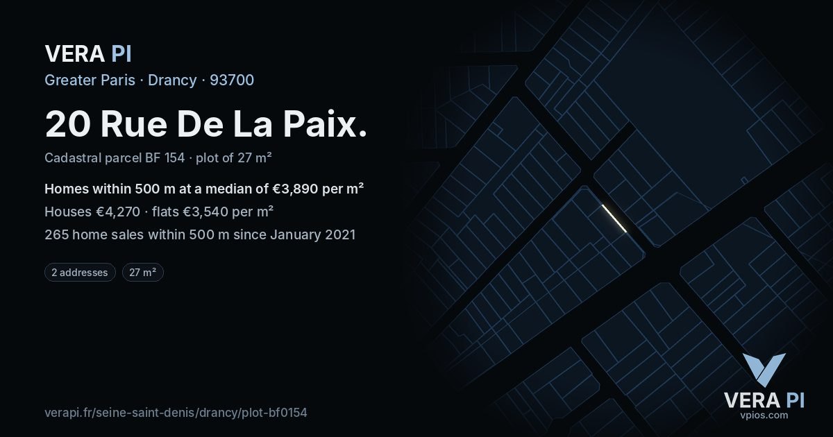 20 Rue De La Paix, Drancy at night – the plot lit, the parcels around coloured by the prices near them