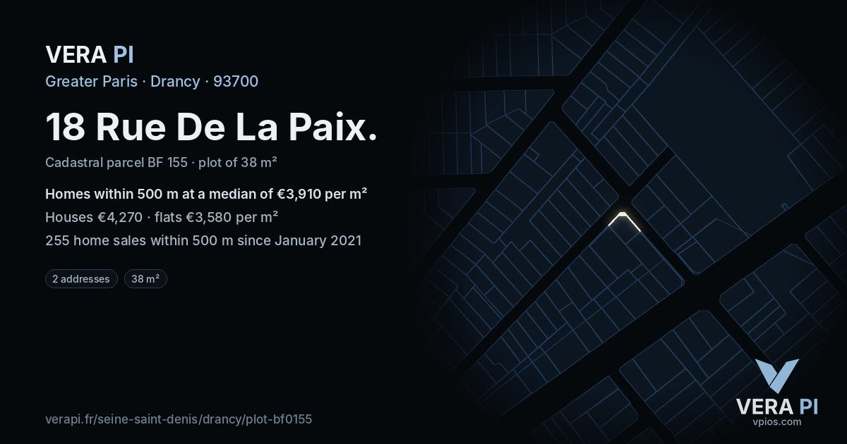 18 Rue De La Paix, Drancy at night – the plot lit, the parcels around coloured by the prices near them