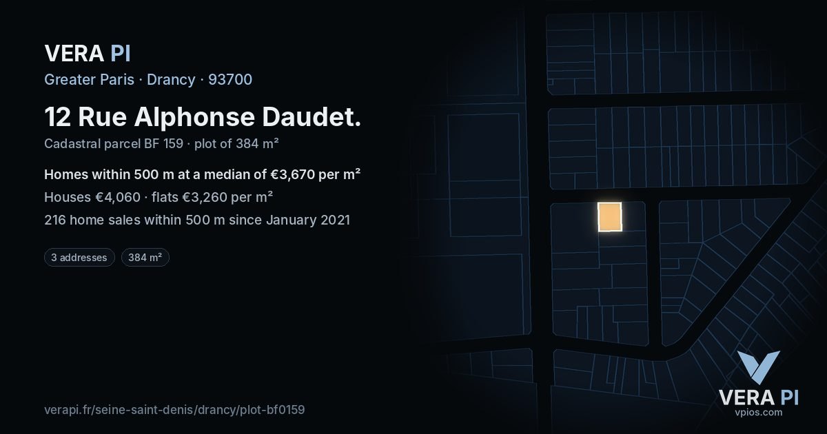 12 Rue Alphonse Daudet, Drancy at night – the plot lit, the parcels around coloured by the prices near them