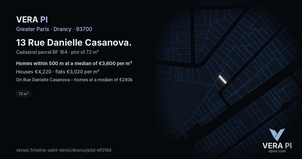 13 Rue Danielle Casanova, Drancy at night – the plot lit, the parcels around coloured by the prices near them