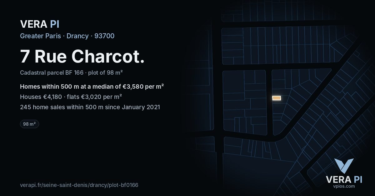 7 Rue Charcot, Drancy at night – the plot lit, the parcels around coloured by the prices near them