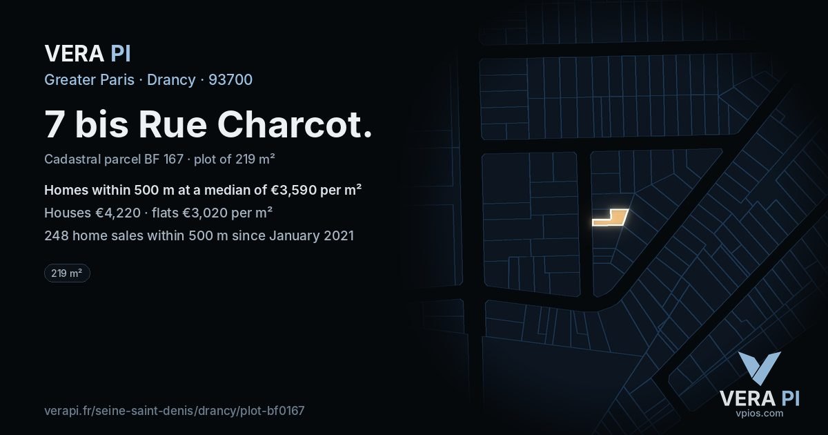 7 bis Rue Charcot, Drancy at night – the plot lit, the parcels around coloured by the prices near them