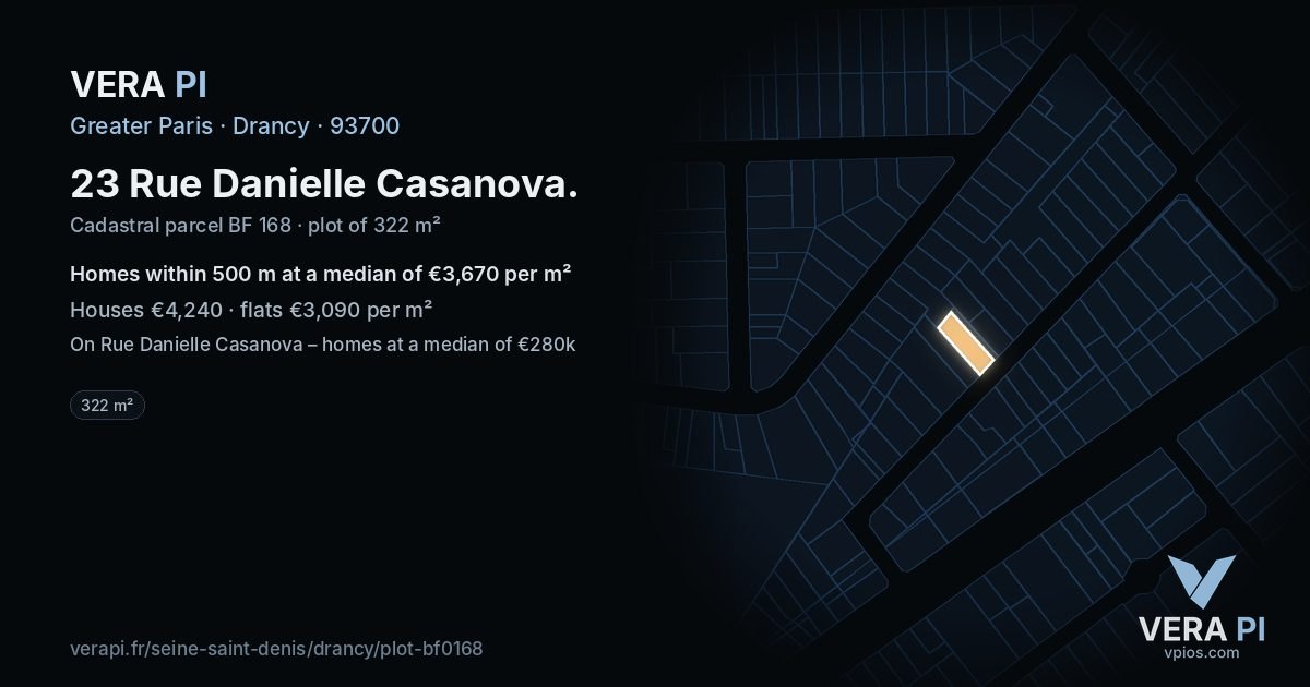 23 Rue Danielle Casanova, Drancy at night – the plot lit, the parcels around coloured by the prices near them