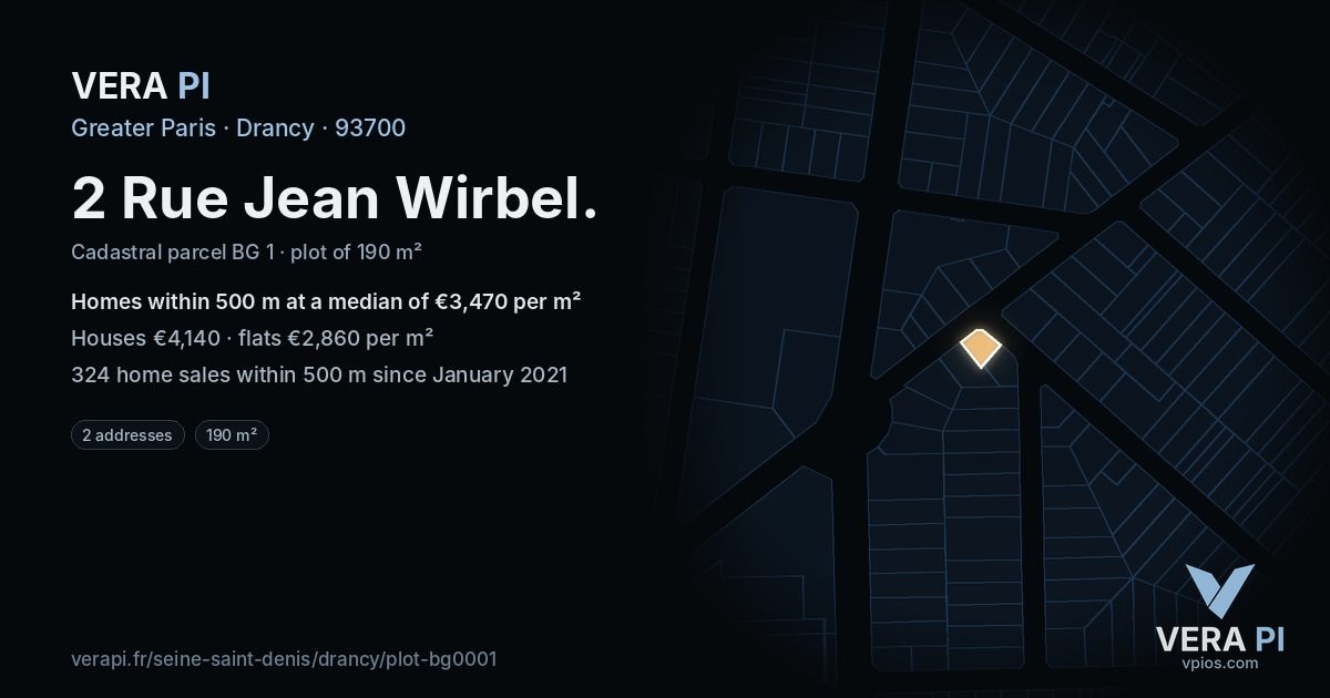 2 Rue Jean Wirbel, Drancy at night – the plot lit, the parcels around coloured by the prices near them