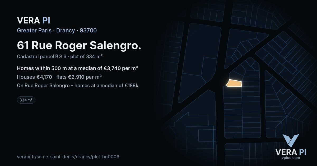 61 Rue Roger Salengro, Drancy at night – the plot lit, the parcels around coloured by the prices near them