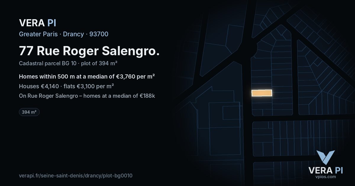 77 Rue Roger Salengro, Drancy at night – the plot lit, the parcels around coloured by the prices near them