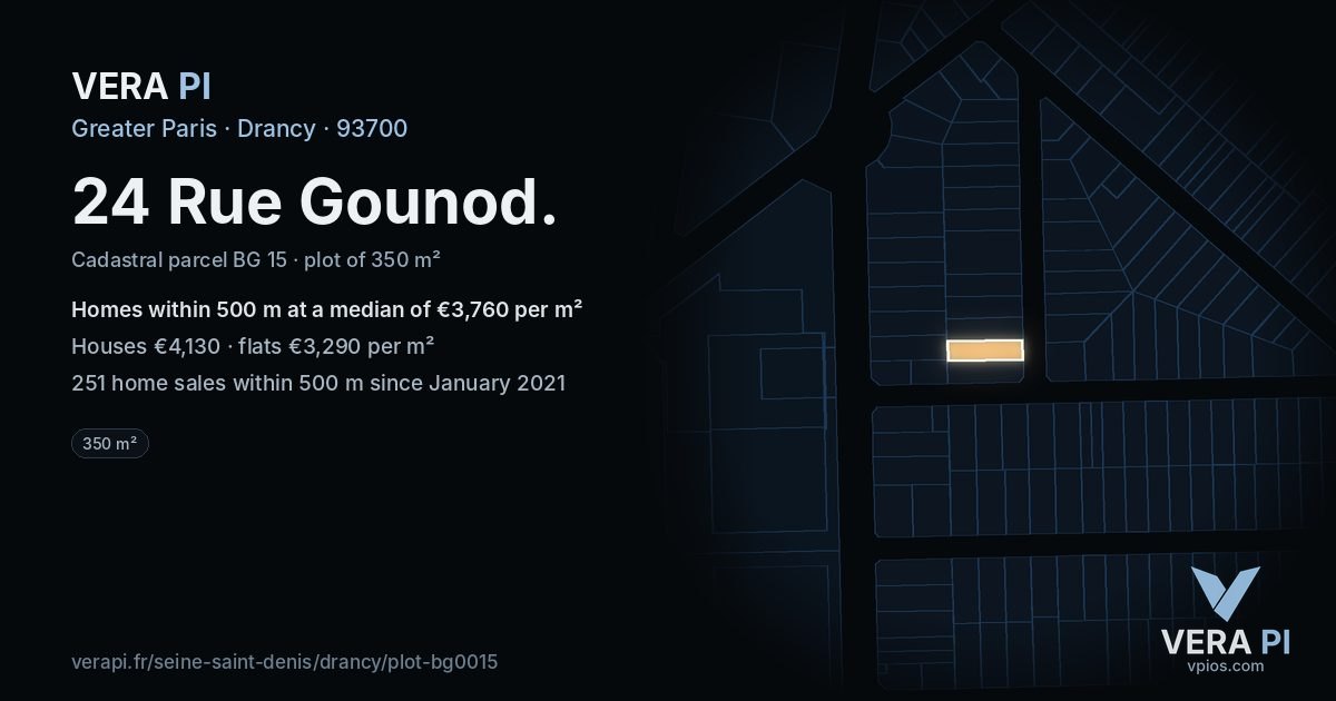 24 Rue Gounod, Drancy at night – the plot lit, the parcels around coloured by the prices near them