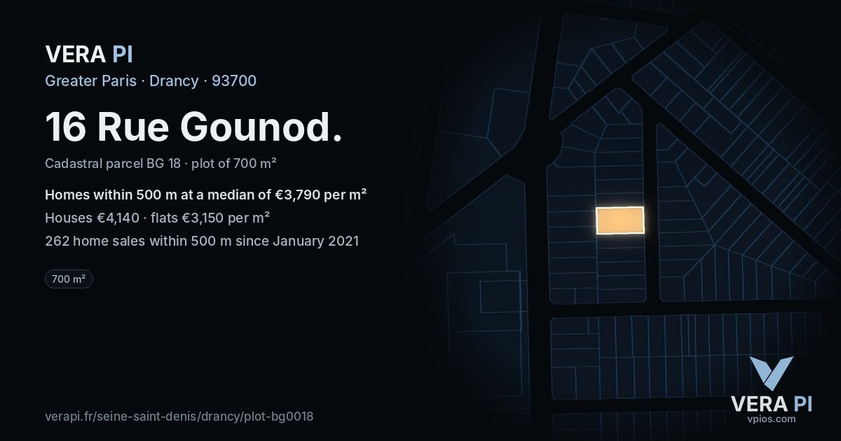 16 Rue Gounod, Drancy at night – the plot lit, the parcels around coloured by the prices near them