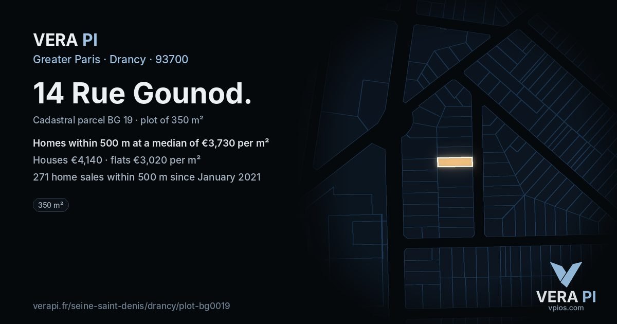 14 Rue Gounod, Drancy at night – the plot lit, the parcels around coloured by the prices near them