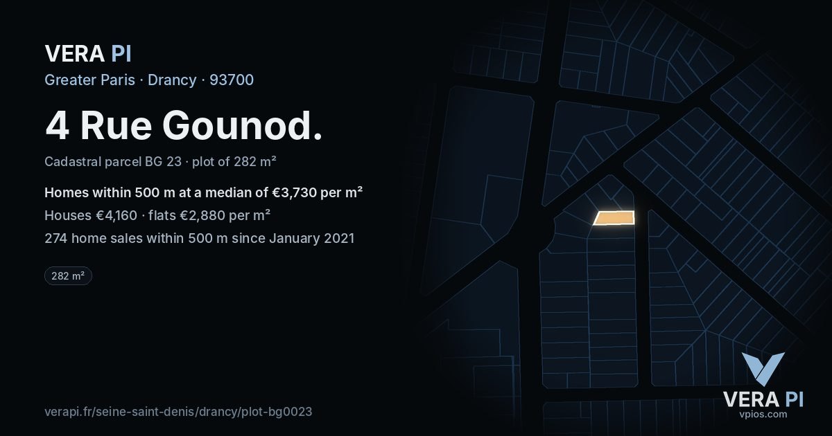 4 Rue Gounod, Drancy at night – the plot lit, the parcels around coloured by the prices near them